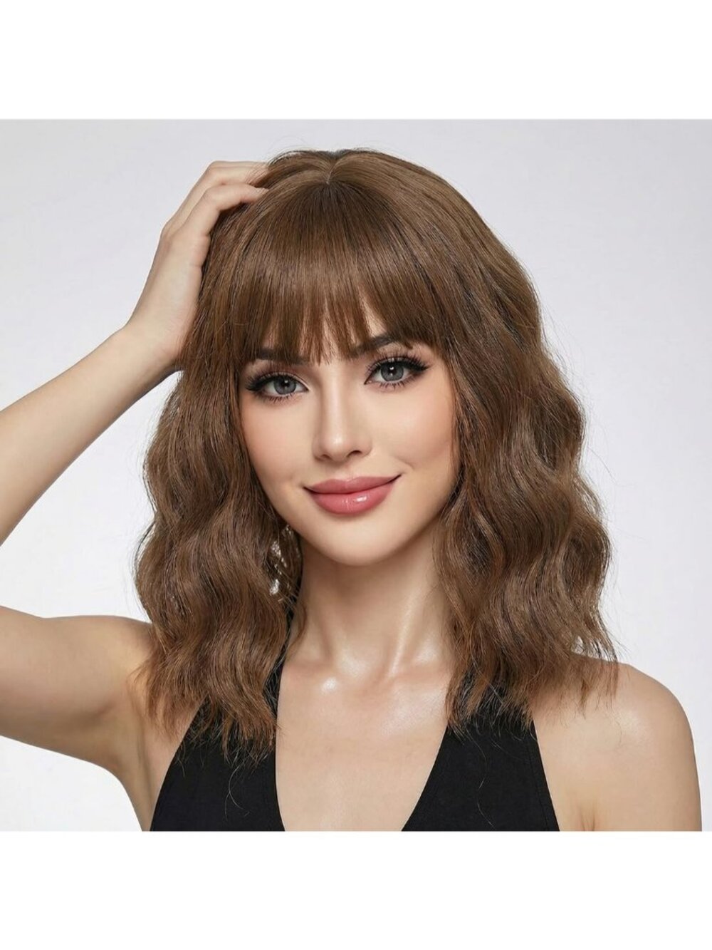 Women's Brown 14 Inch Short Shoulder Length Synthetic Bangs Wavy Bob Wig